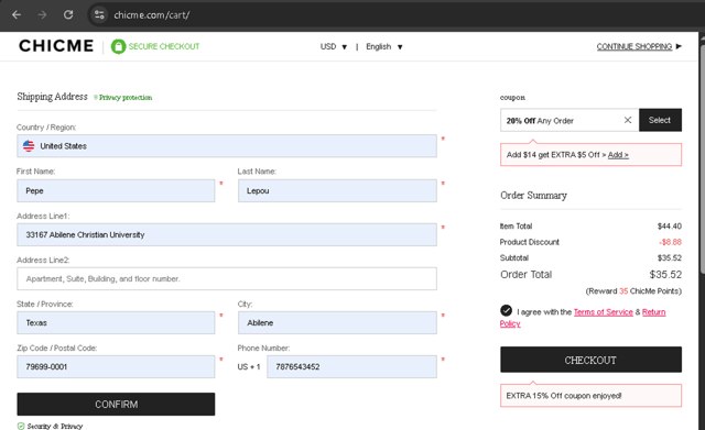 ChicMe checkout page showing ChicMe coupon code box | Screenshot taken by SimplyCodes community member on Aug 26, 2025