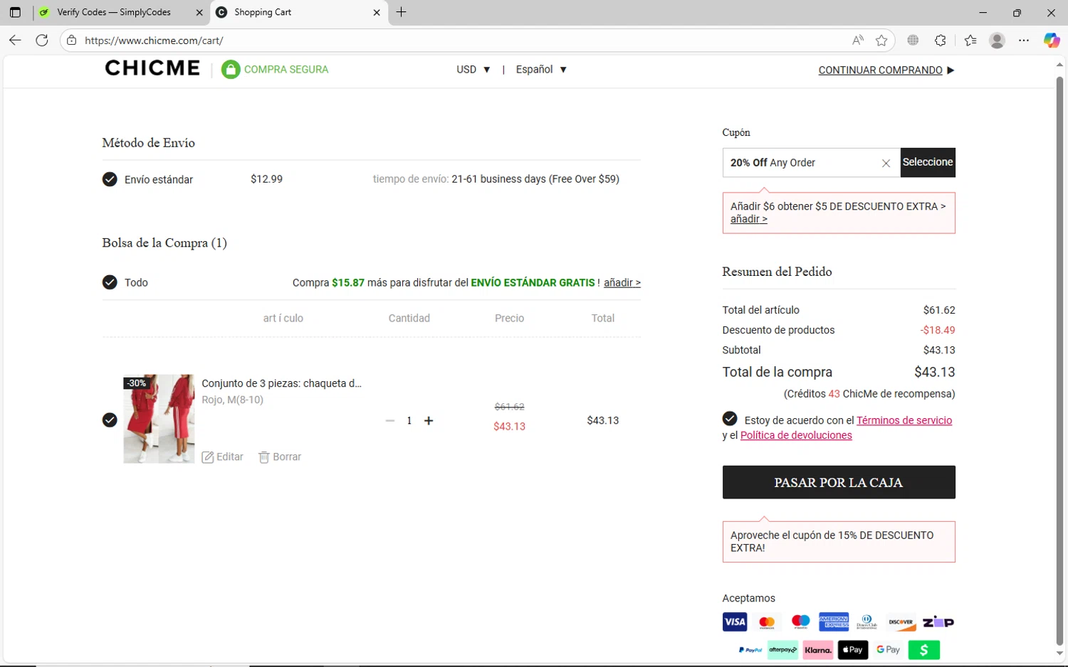 ChicMe coupon code screenshot showing code CMGET20 applied at ChicMe checkout page. Uploaded by SimplyCodes community member jechtff10 on Aug 26, 2025