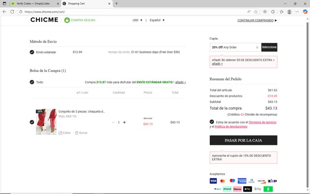 ChicMe checkout page showing ChicMe coupon code box | Screenshot taken by SimplyCodes community member on Aug 26, 2025