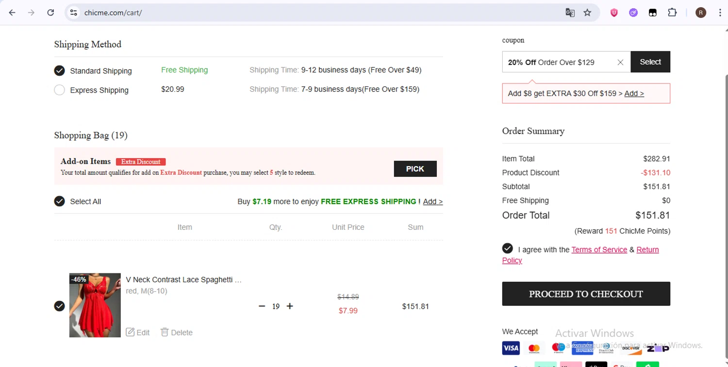 ChicMe coupon code screenshot showing code CART20 applied at ChicMe checkout page. Uploaded by SimplyCodes community member zurdita on Jul 19, 2025