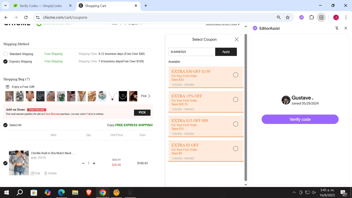 ChicMe coupon code screenshot showing code SUMMER25 applied at ChicMe checkout page. Uploaded by SimplyCodes community member vergil_lains on Aug 16, 2025