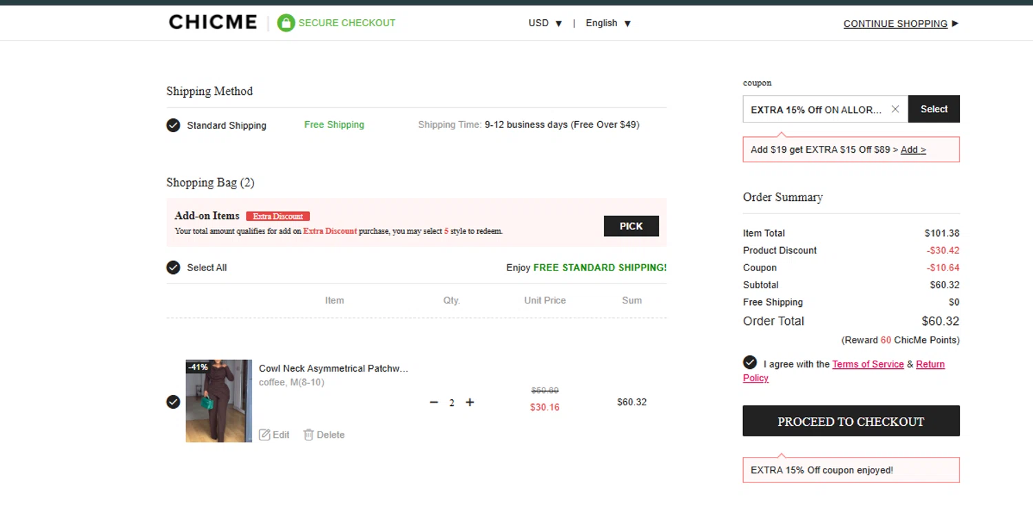 ChicMe coupon code screenshot showing code STAY15 applied at ChicMe checkout page. Uploaded by SimplyCodes community member alfock22 on Aug 28, 2025