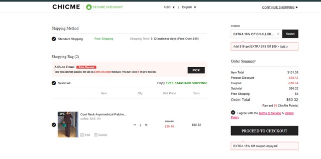 ChicMe checkout page showing ChicMe coupon code box | Screenshot taken by SimplyCodes community member on Aug 28, 2025