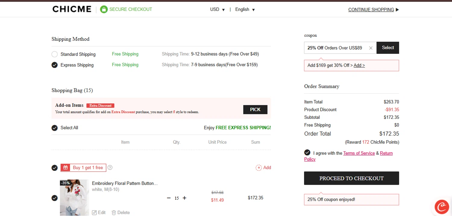 ChicMe coupon code screenshot showing code SUMMER25 applied at ChicMe checkout page. Uploaded by SimplyCodes community member juanisaac on Aug 6, 2025