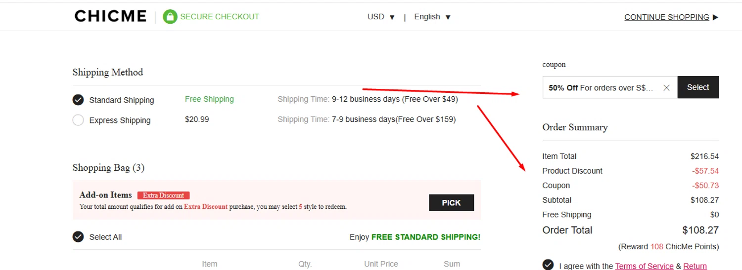 ChicMe coupon code screenshot showing code HELLOFALL50 applied at ChicMe checkout page. Uploaded by SimplyCodes community member yeresojperez on Aug 22, 2025