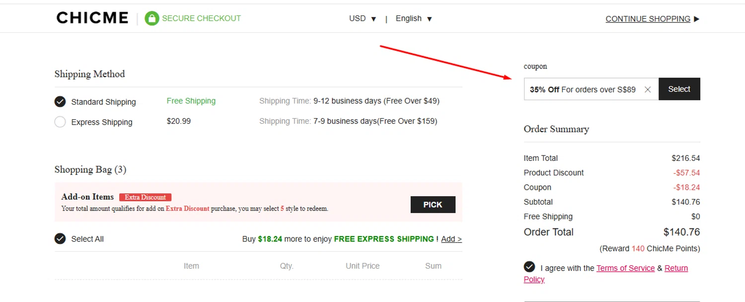 ChicMe coupon code screenshot showing code HELLOFALL35 applied at ChicMe checkout page. Uploaded by SimplyCodes community member yeresojperez on Aug 22, 2025