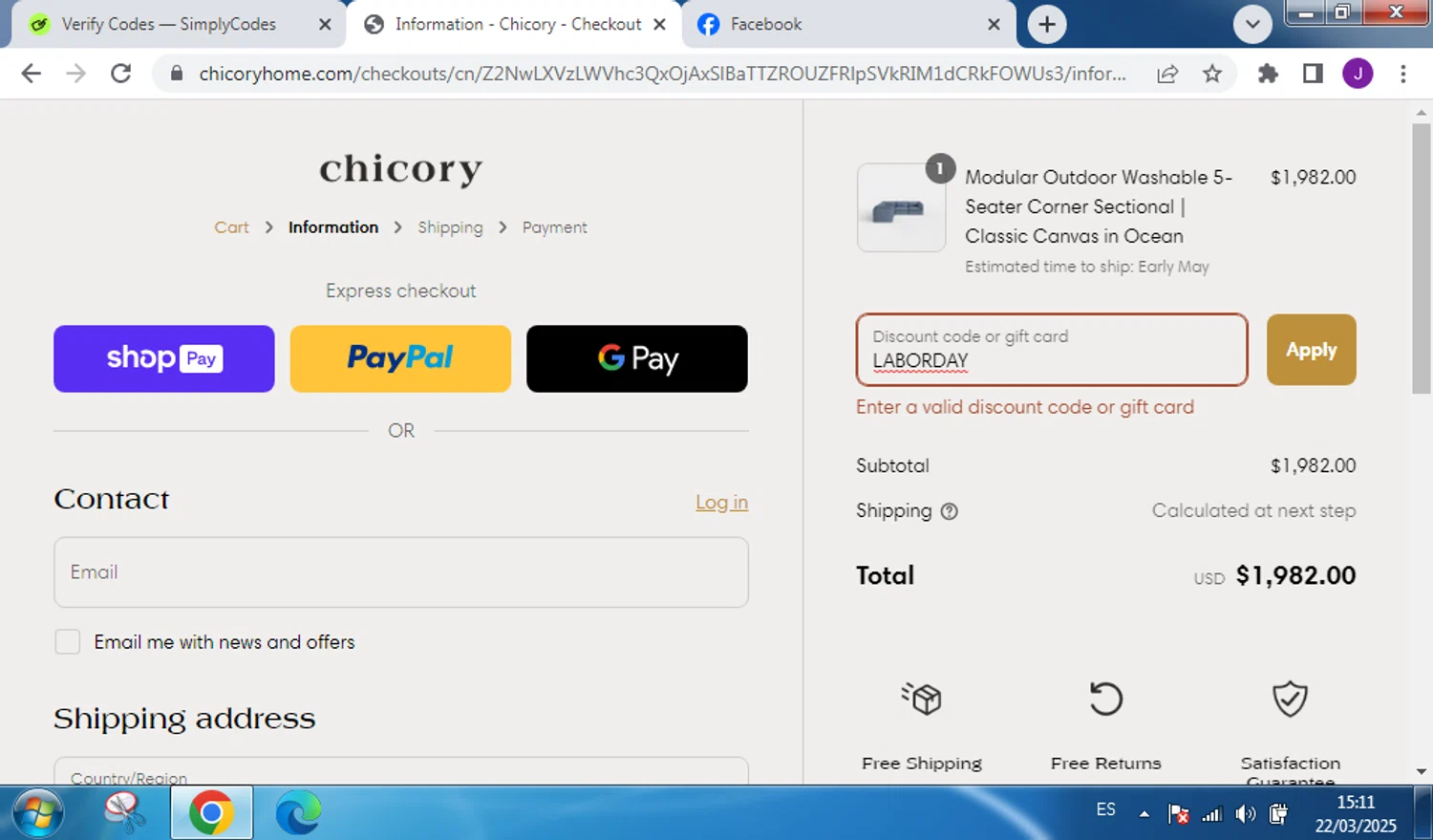 Chicory Home discount code screenshot showing code LABORDAY applied at Chicory Home checkout page. Uploaded by SimplyCodes community member Marboro on Mar 22, 2025