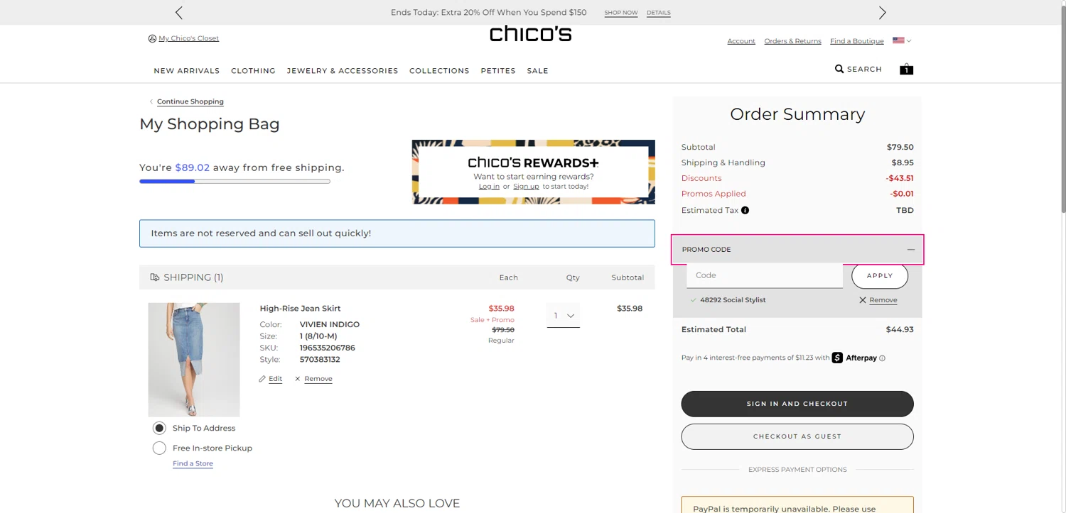 Chico's promo code screenshot showing code 48292 applied at Chico's checkout page. Uploaded by SimplyCodes community member PennyRanger8219 on May 27, 2025