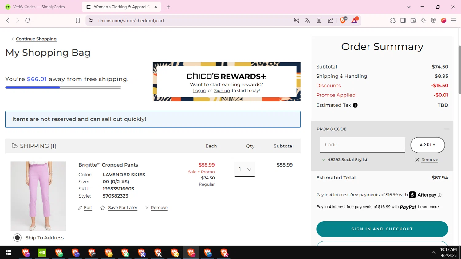 Chico's promo code screenshot showing code 48292 applied at Chico's checkout page. Uploaded by SimplyCodes community member ValueFox5508 on Apr 2, 2025