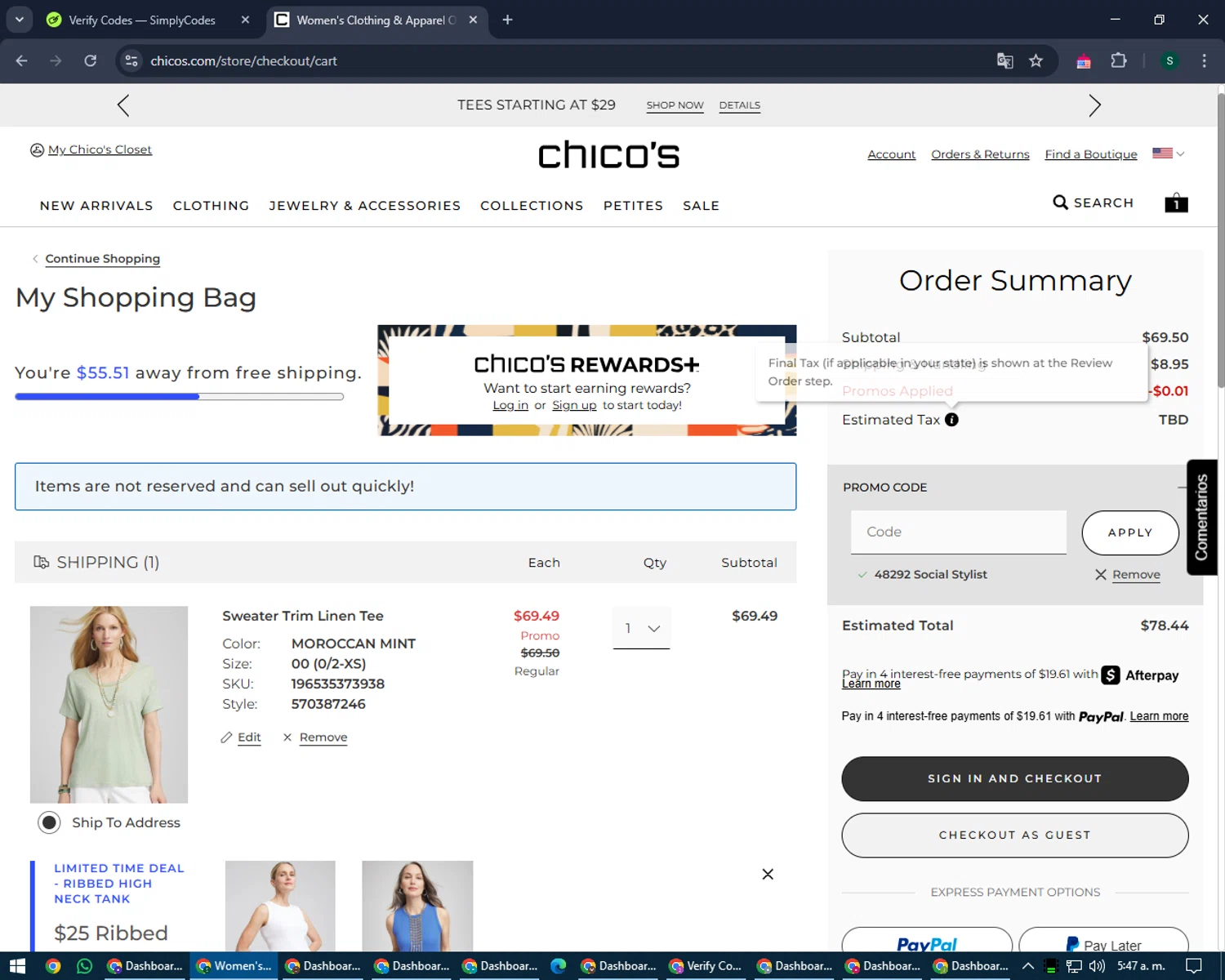 Chico's promo code screenshot showing code 48292 applied at Chico's checkout page. Uploaded by SimplyCodes community member lilMosey on Mar 17, 2025
