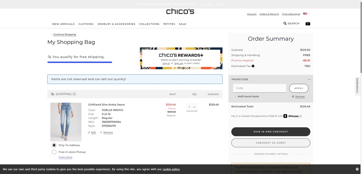 Chico's promo code screenshot showing code 84131 applied at Chico's checkout page. Uploaded by SimplyCodes community member DiscountWarden480 on Jul 27, 2025