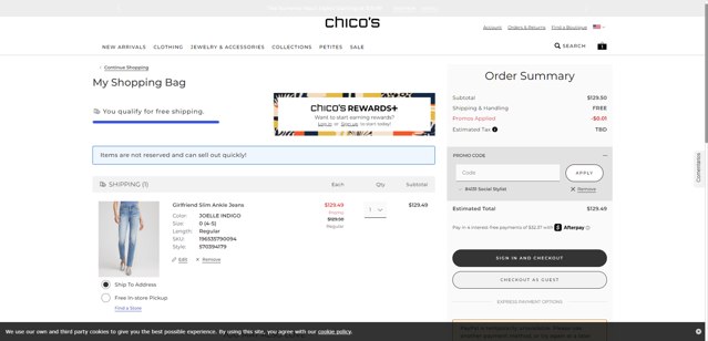 Chico's checkout page showing Chico's promo code box | Screenshot taken by SimplyCodes community member on Jul 27, 2025