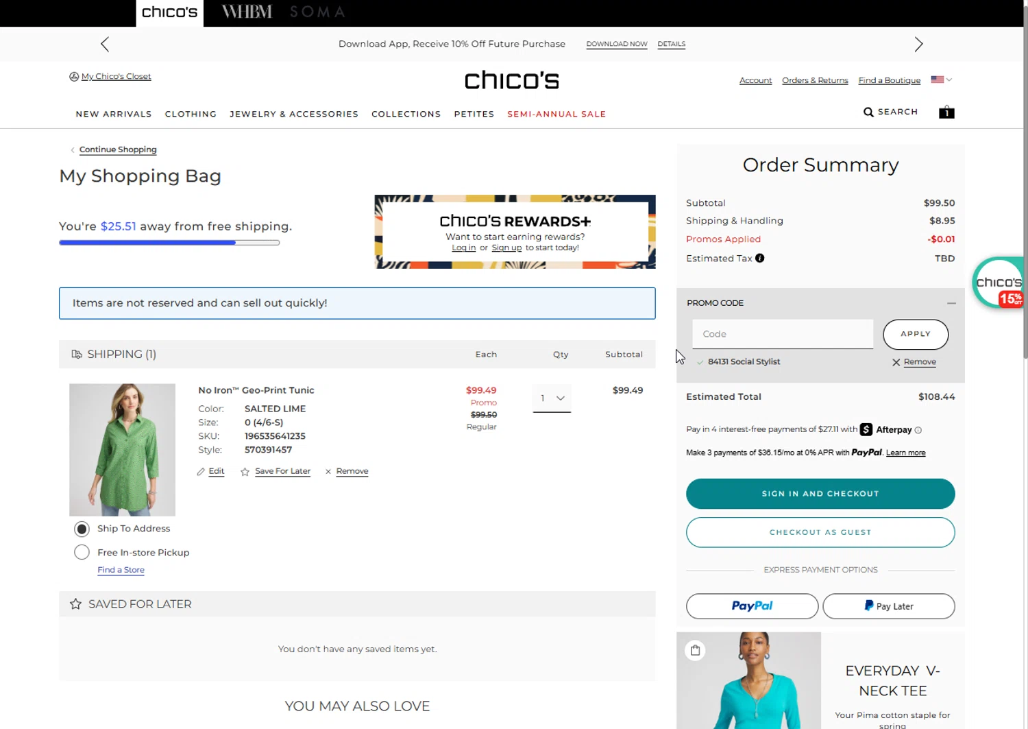 Chico's promo code screenshot showing code 84131 applied at Chico's checkout page. Uploaded by SimplyCodes community member Doomslayer on Jul 12, 2025