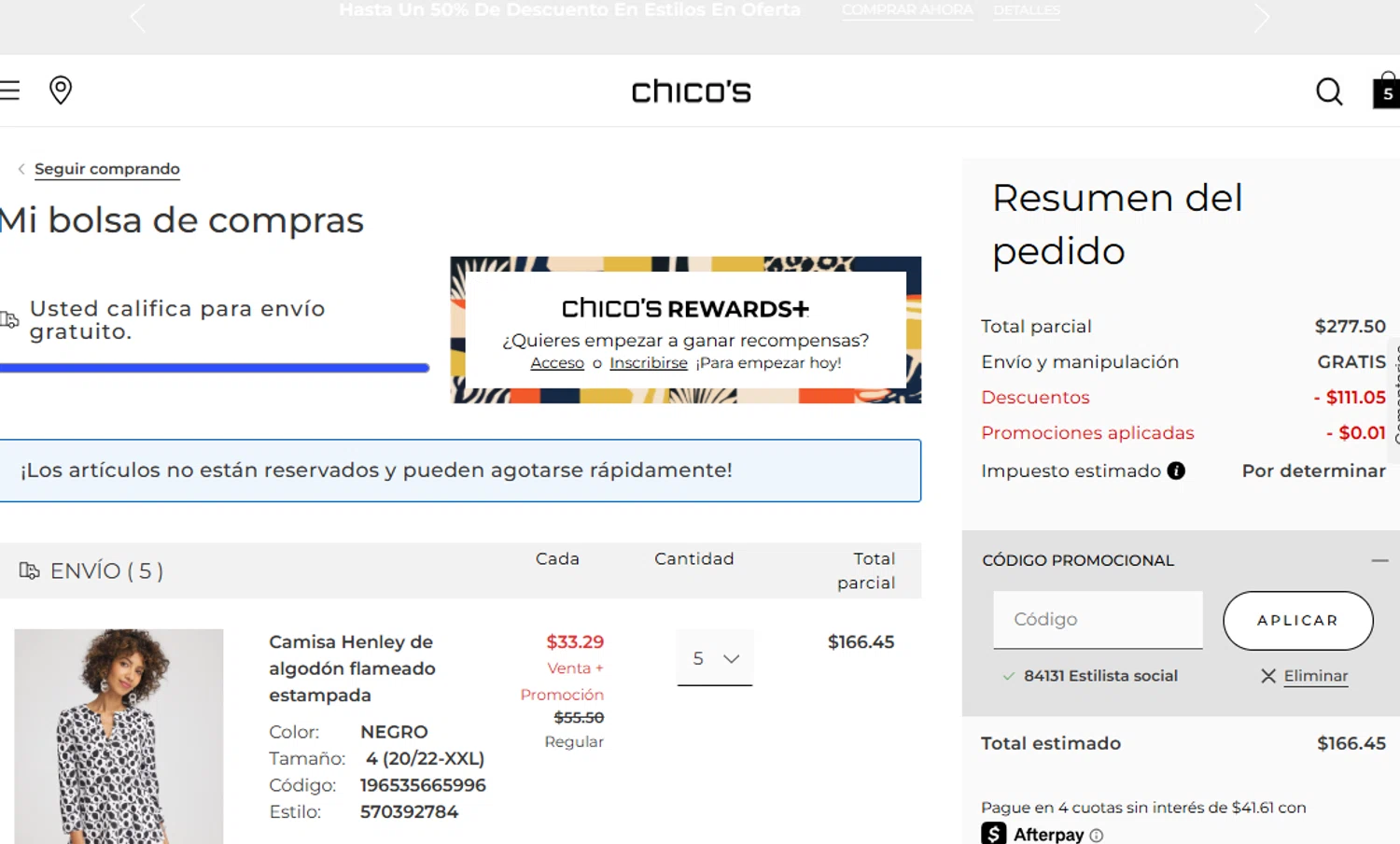 Chico's promo code screenshot showing code 84131 applied at Chico's checkout page. Uploaded by SimplyCodes community member Eliaslpz on Jun 27, 2025
