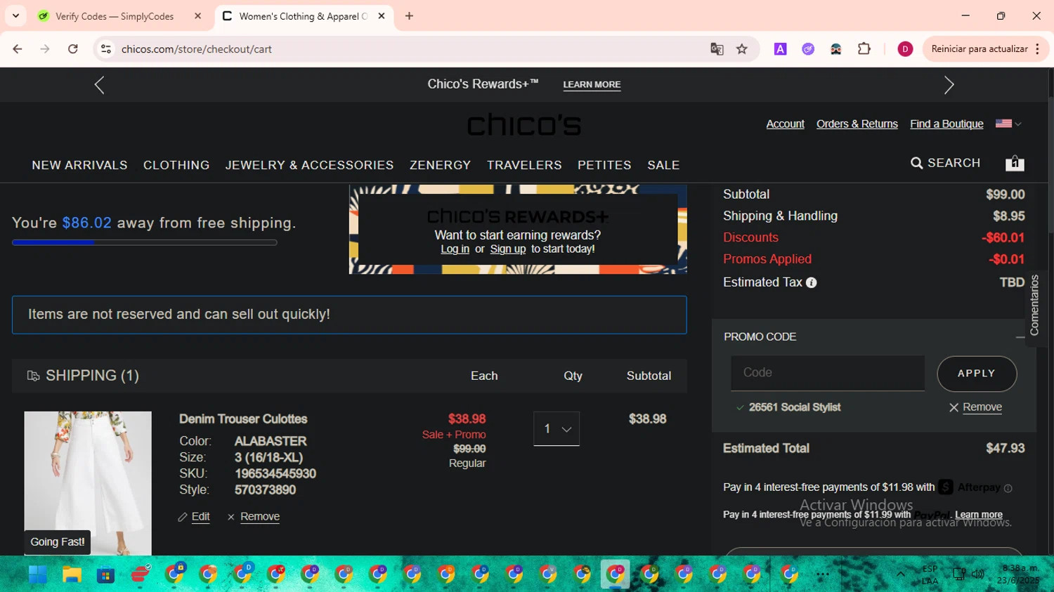 Chico's promo code screenshot showing code 26561 applied at Chico's checkout page. Uploaded by SimplyCodes community member EpicSaver9948 on Jun 23, 2025