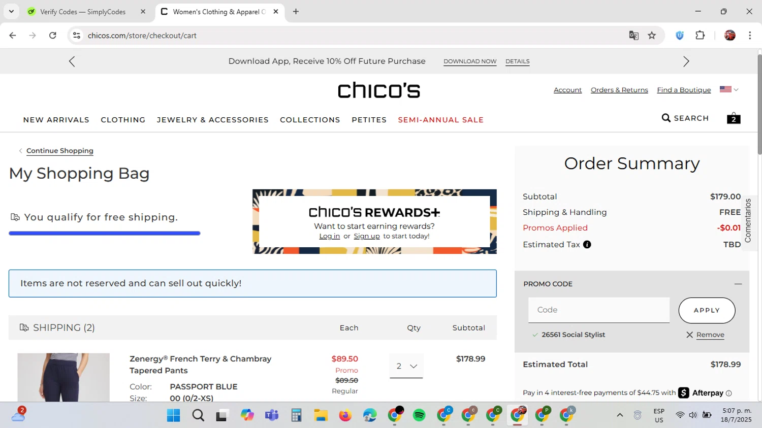 Chico's promo code screenshot showing code 26561 applied at Chico's checkout page. Uploaded by SimplyCodes community member GloriousDefender7889 on Jul 18, 2025