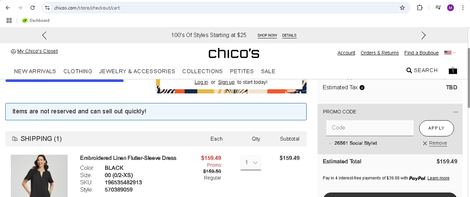 Chico's promo code screenshot showing code 26561 applied at Chico's checkout page. Uploaded by SimplyCodes community member monicacaraballo on May 20, 2025