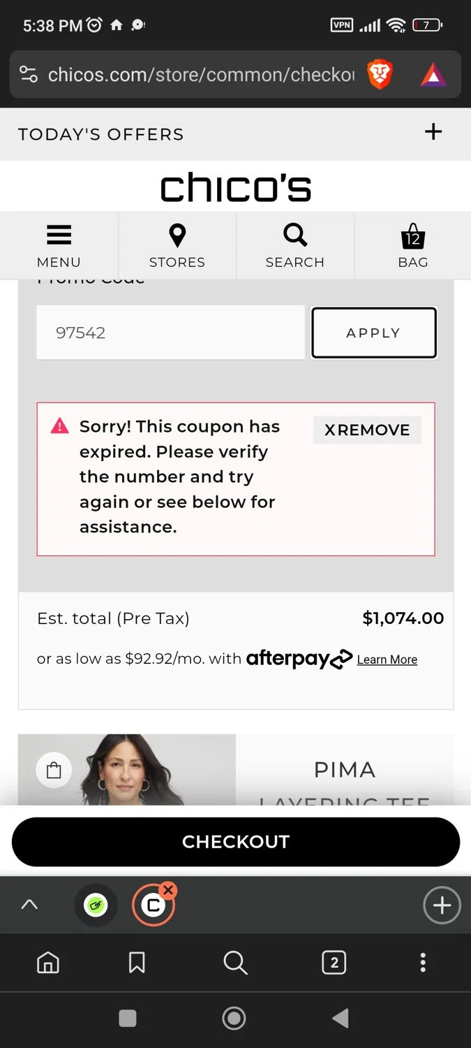 Chico's promo code screenshot showing code 97542 applied at Chico's checkout page. Uploaded by SimplyCodes community member BargainPioneer8286 on Mar 1, 2025