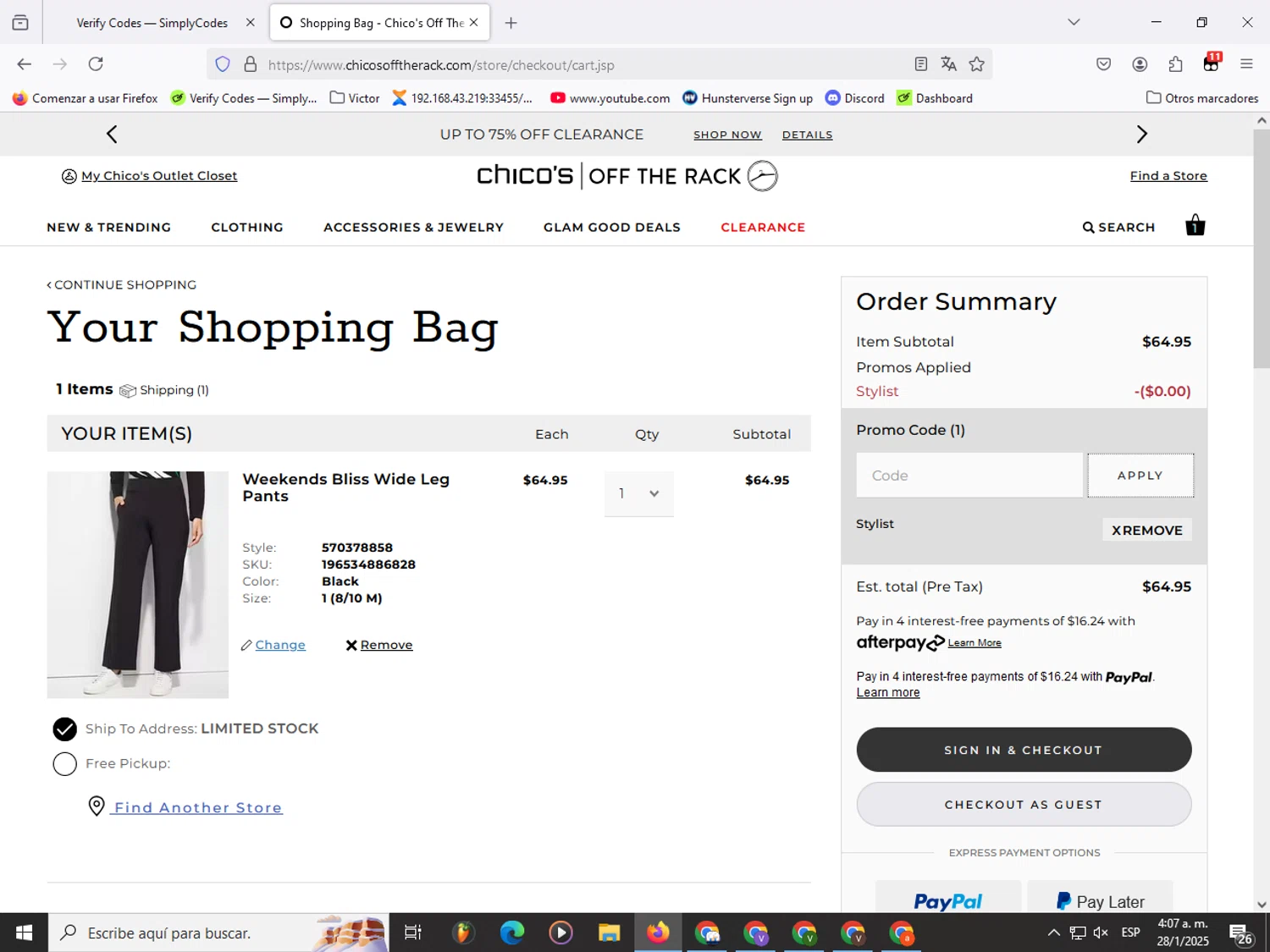 Chico's Off the Rack promo code screenshot showing code 48292 applied at Chico's Off the Rack checkout page. Uploaded by SimplyCodes community member Garou_Y2K on Jan 28, 2025