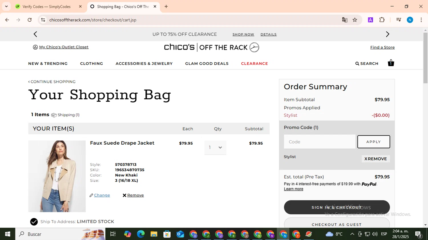 Chico's Off the Rack promo code screenshot showing code 48292 applied at Chico's Off the Rack checkout page. Uploaded by SimplyCodes community member CoinHawk678 on Jan 28, 2025