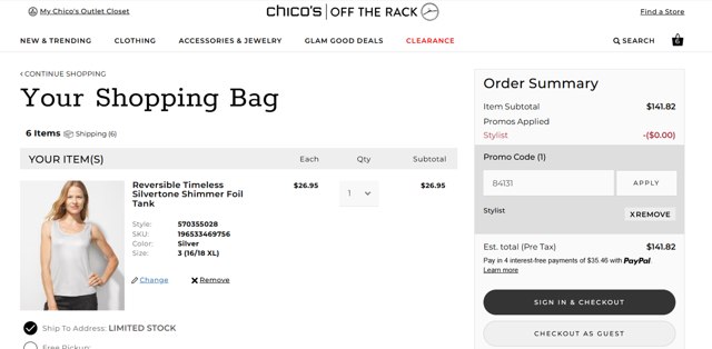 Chico's Off the Rack checkout page showing Chico's Off the Rack promo code box | Screenshot taken by SimplyCodes community member on Jan 15, 2025
