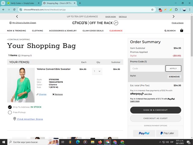 Chico's Off the Rack checkout page showing Chico's Off the Rack promo code box | Screenshot taken by SimplyCodes community member on Jan 28, 2025