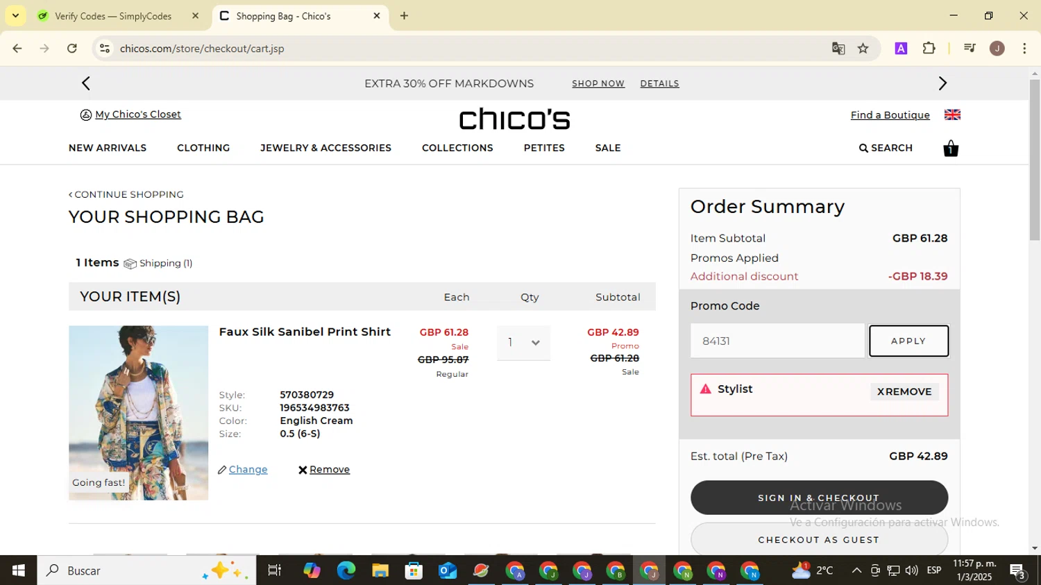Chico's Off the Rack promo code screenshot showing code 84131 applied at Chico's Off the Rack checkout page. Uploaded by SimplyCodes community member ValiantHero2365 on Mar 2, 2025