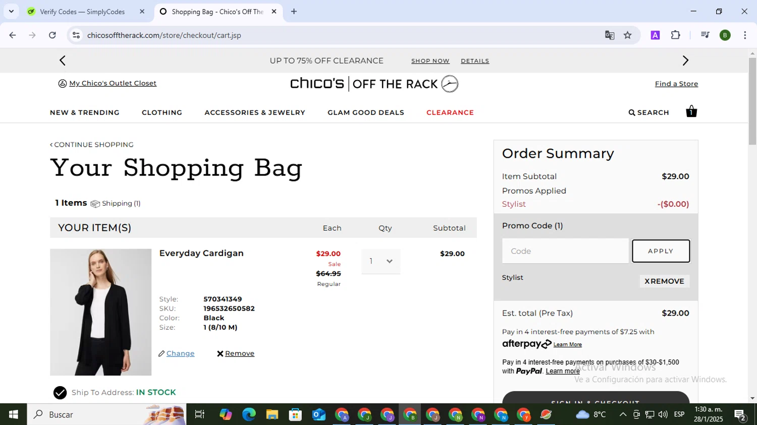 Chico's Off the Rack promo code screenshot showing code 84131 applied at Chico's Off the Rack checkout page. Uploaded by SimplyCodes community member SaleVirtuoso5993 on Jan 28, 2025