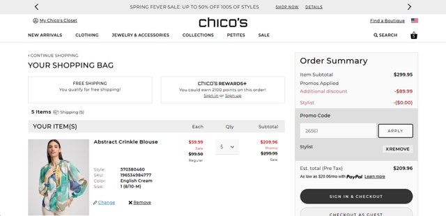 Chico's Off the Rack checkout page showing Chico's Off the Rack promo code box | Screenshot taken by SimplyCodes community member on Feb 26, 2025