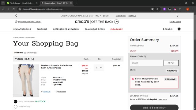 Chico's Off the Rack checkout page showing Chico's Off the Rack promo code box | Screenshot taken by SimplyCodes community member on Jan 20, 2025