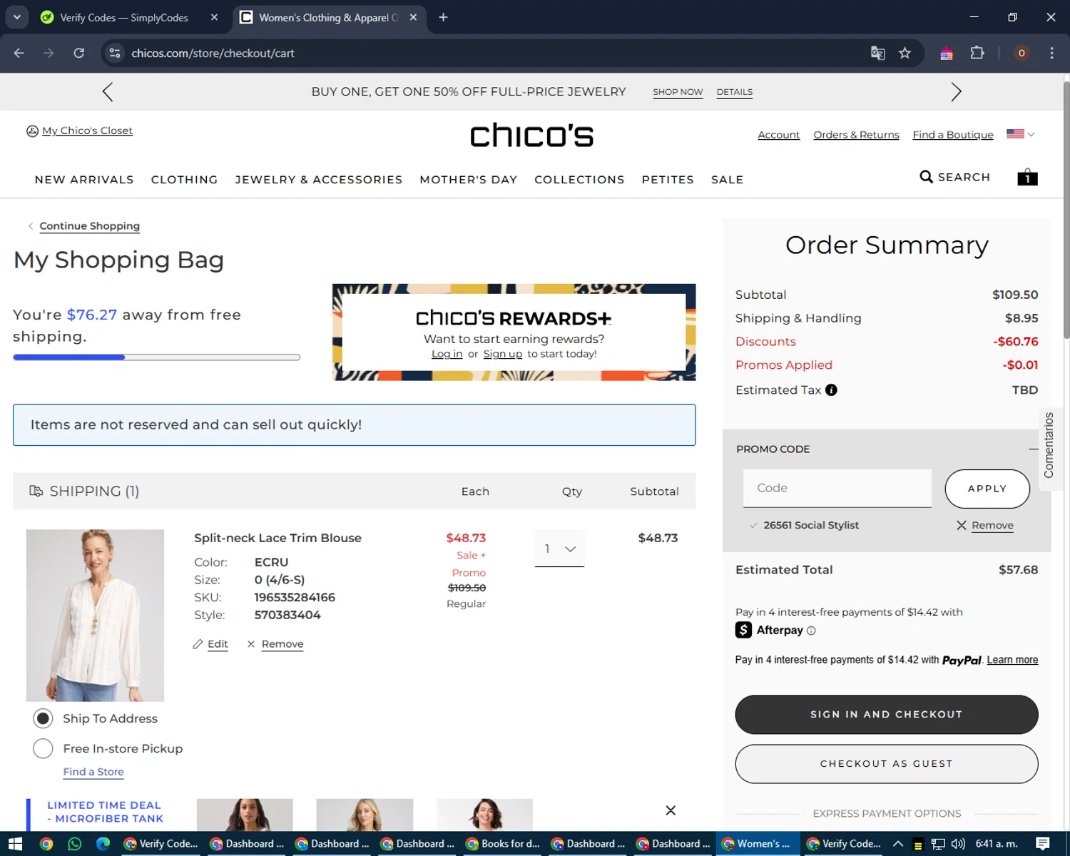 Chico's Off the Rack promo code screenshot showing code 26561 applied at Chico's Off the Rack checkout page. Uploaded by SimplyCodes community member LegendaryAdmiral8649 on Apr 25, 2025