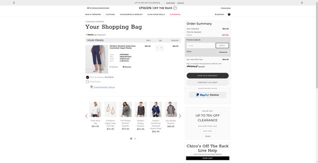 Chico's Off the Rack checkout page showing Chico's Off the Rack promo code box | Screenshot taken by SimplyCodes community member on Jan 28, 2025