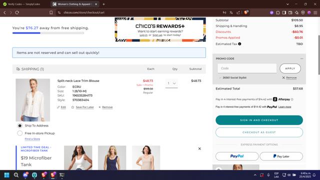 Chico's Off the Rack checkout page showing Chico's Off the Rack promo code box | Screenshot taken by SimplyCodes community member on Apr 25, 2025