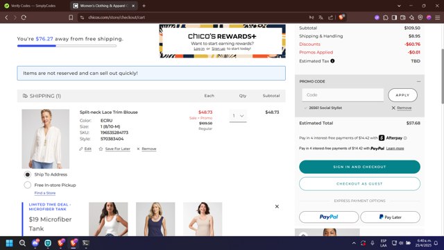 Chico's Off the Rack checkout page showing Chico's Off the Rack promo code box | Screenshot taken by SimplyCodes community member on Apr 25, 2025