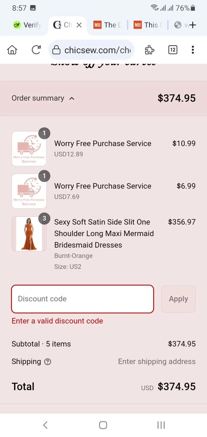 Chicsew discount code screenshot showing code CSVIP applied at Chicsew checkout page. Uploaded by SimplyCodes community member menotychire on Aug 17, 2025