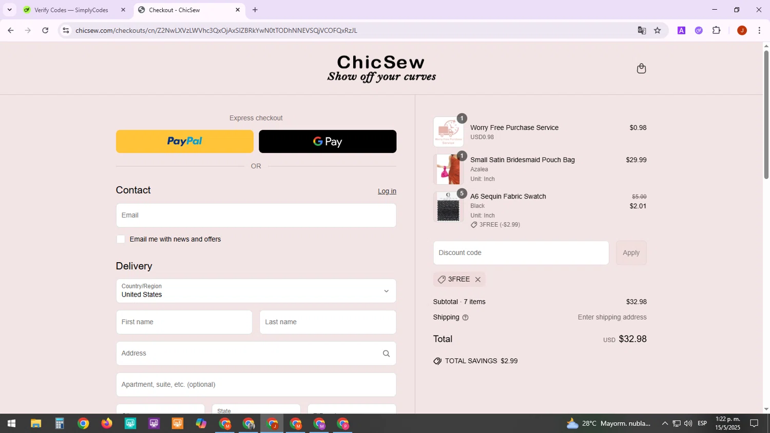 Chicsew discount code screenshot showing code 3FREE applied at Chicsew checkout page. Uploaded by SimplyCodes community member MarkZuckerberg on May 15, 2025