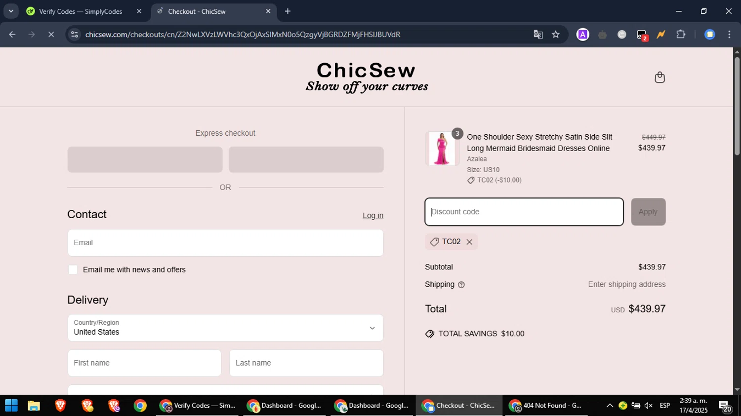 Chicsew discount code screenshot showing code TC02 applied at Chicsew checkout page. Uploaded by SimplyCodes community member PromoScout8746 on Apr 17, 2025