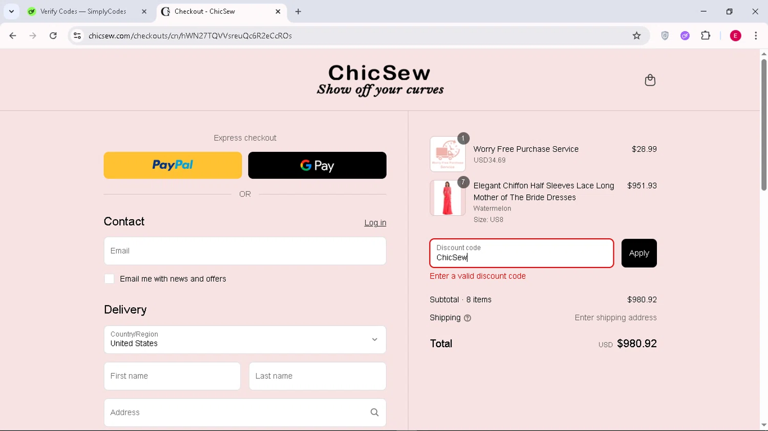 Chicsew discount code screenshot showing code ChicSew applied at Chicsew checkout page. Uploaded by SimplyCodes community member Arambulet on Aug 23, 2025