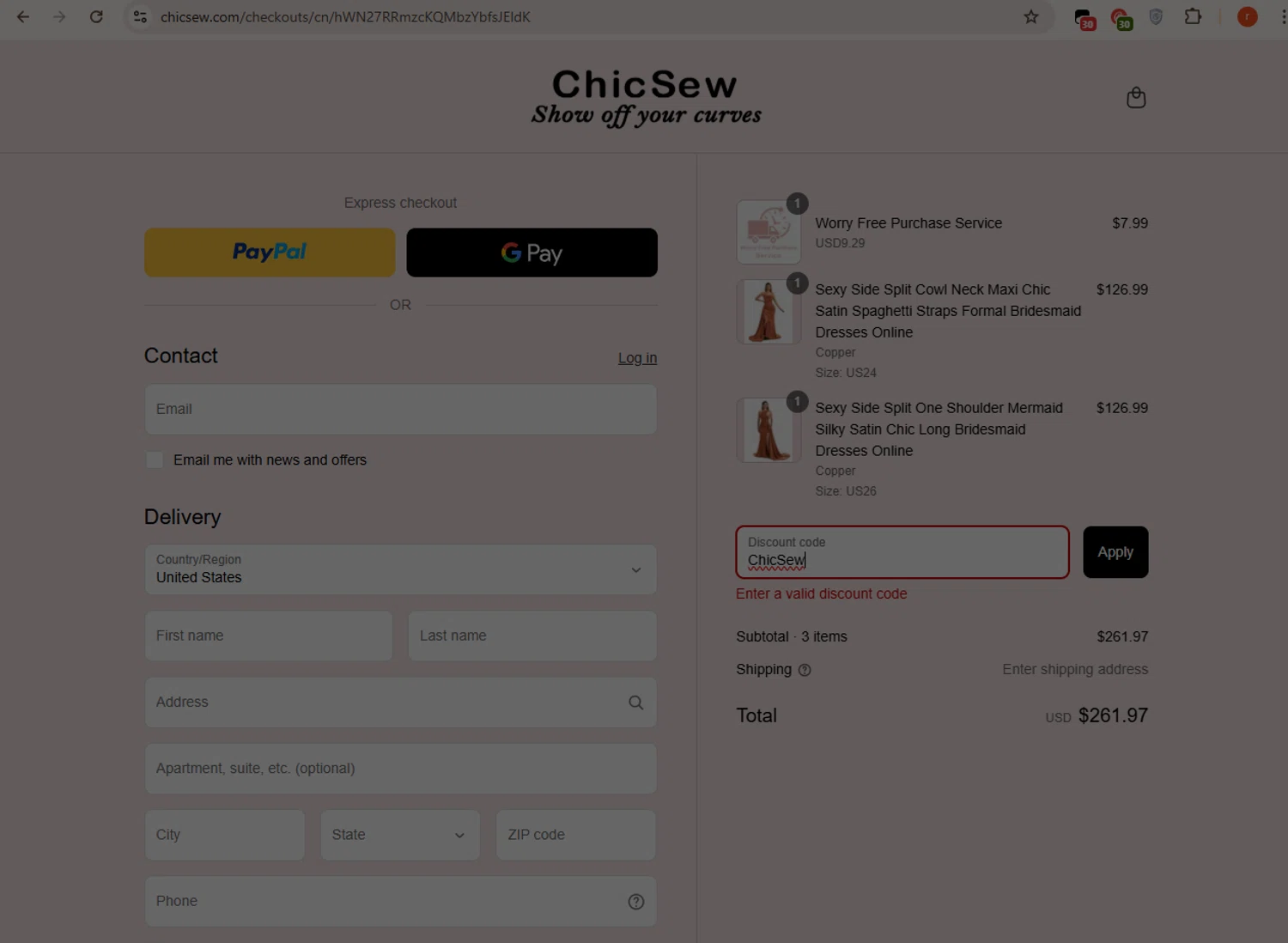 Chicsew discount code screenshot showing code ChicSew applied at Chicsew checkout page. Uploaded by SimplyCodes community member CashMaverick1144 on Aug 23, 2025