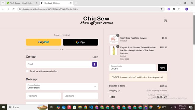 Chicsew checkout page showing Chicsew discount code box | Screenshot taken by SimplyCodes community member on Aug 31, 2025