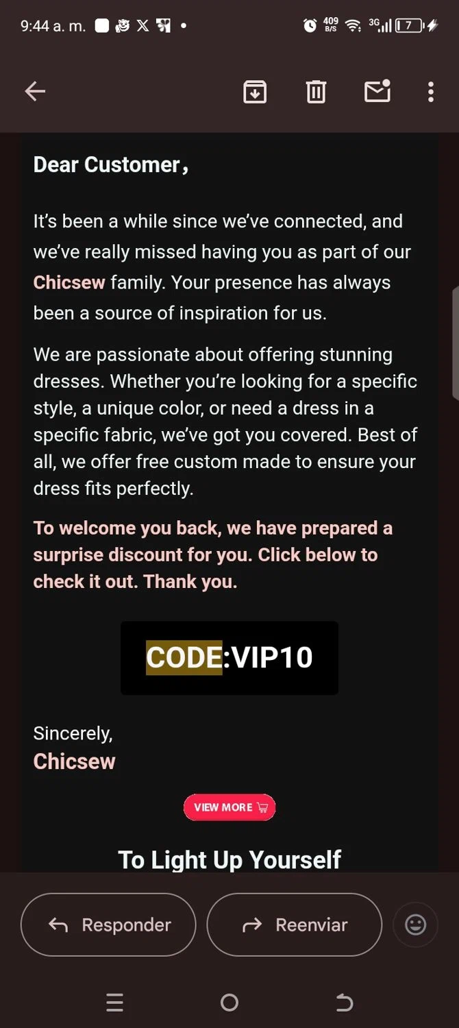 Chicsew discount code screenshot showing code Vip10 applied at Chicsew checkout page. Uploaded by SimplyCodes community member kellymoreno on Aug 17, 2025
