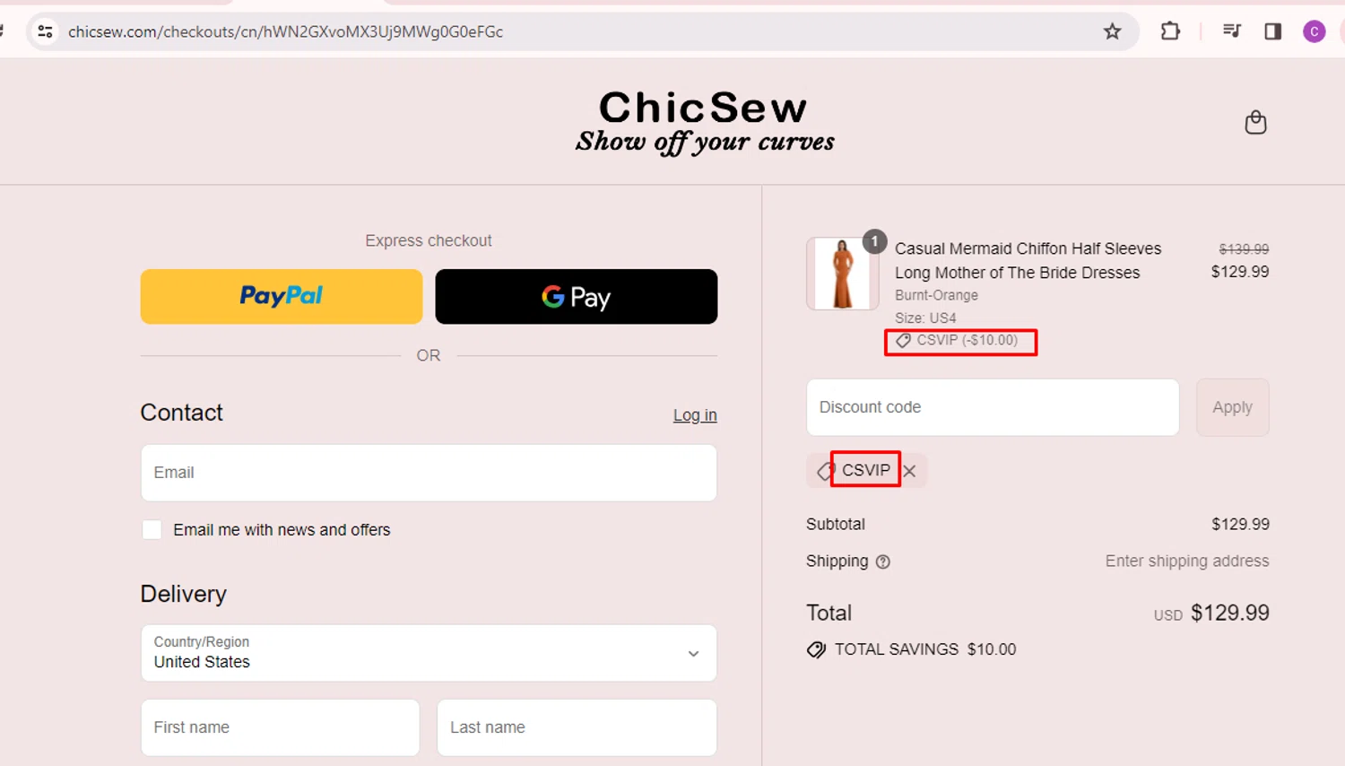 Chicsew discount code screenshot showing code CSVIP applied at Chicsew checkout page. Uploaded by SimplyCodes community member nileskamarcano on Aug 27, 2025