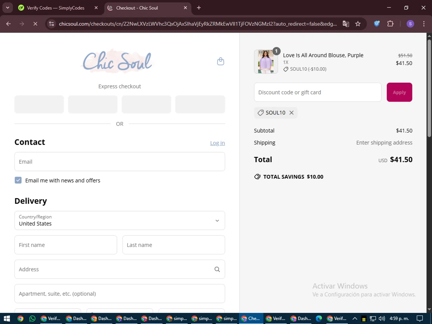 Chic Soul discount code screenshot showing code SOUL10 applied at Chic Soul checkout page. Uploaded by SimplyCodes community member LuckyVoyager688 on Jun 17, 2025
