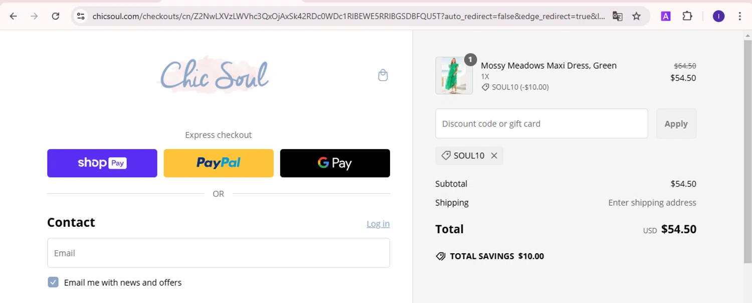 Chic Soul discount code screenshot showing code SOUL10 applied at Chic Soul checkout page. Uploaded by SimplyCodes community member rafael2 on Feb 28, 2025