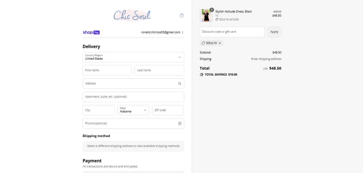 Chic Soul discount code screenshot showing code SOUL10 applied at Chic Soul checkout page. Uploaded by SimplyCodes community member alpha007 on Jul 26, 2025