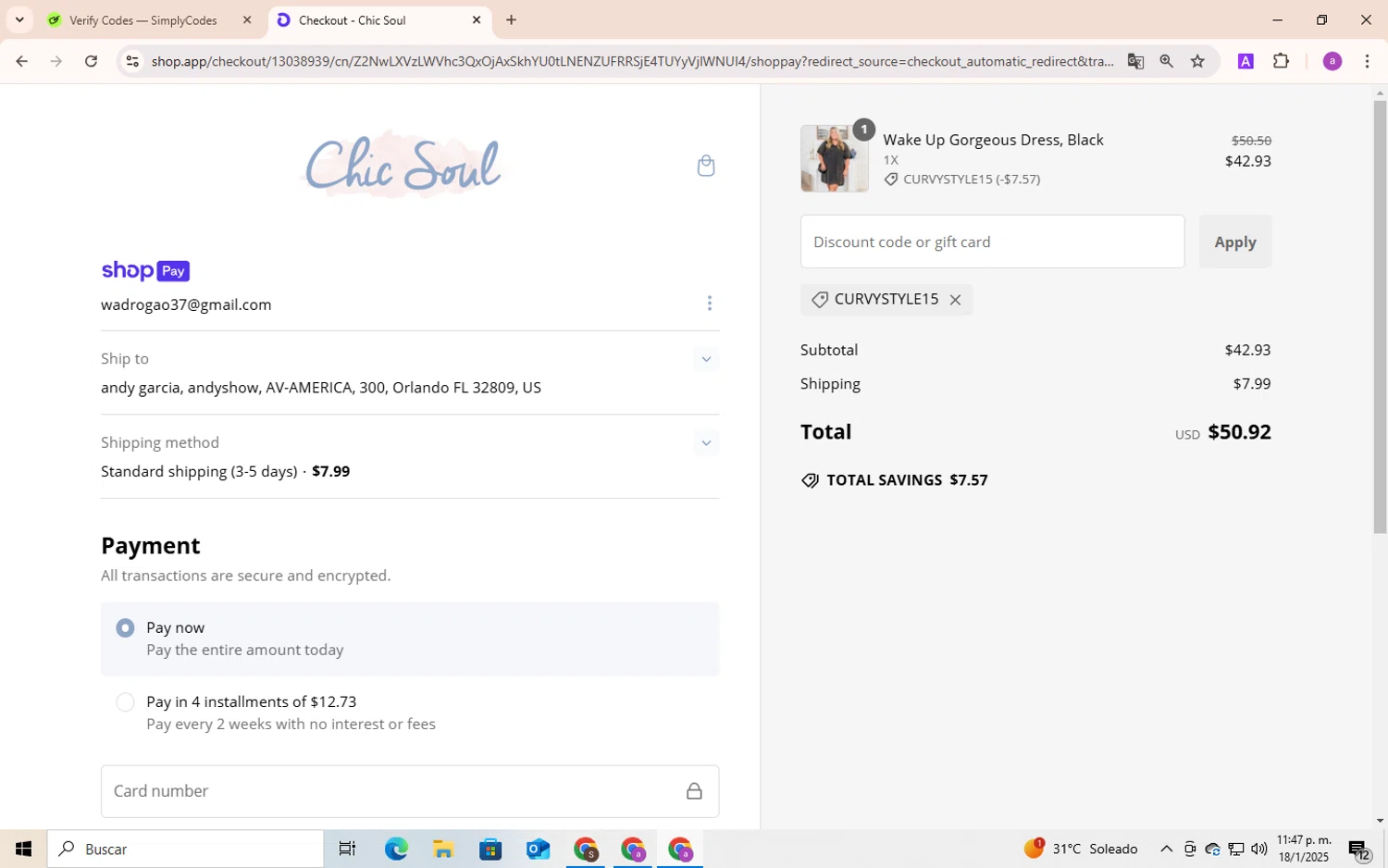 Chic Soul discount code screenshot showing code CURVYSTYLE15 applied at Chic Soul checkout page. Uploaded by SimplyCodes community member Andygar on Jan 18, 2025