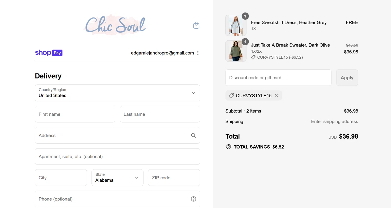 Chic Soul discount code screenshot showing code CURVYSTYLE15 applied at Chic Soul checkout page. Uploaded by SimplyCodes community member ValiantLion5897 on Jul 30, 2025