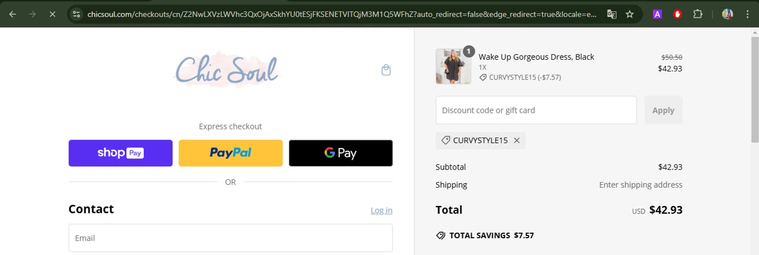 Chic Soul discount code screenshot showing code CURVYSTYLE15 applied at Chic Soul checkout page. Uploaded by SimplyCodes community member BrilliantFox7966 on Jan 18, 2025