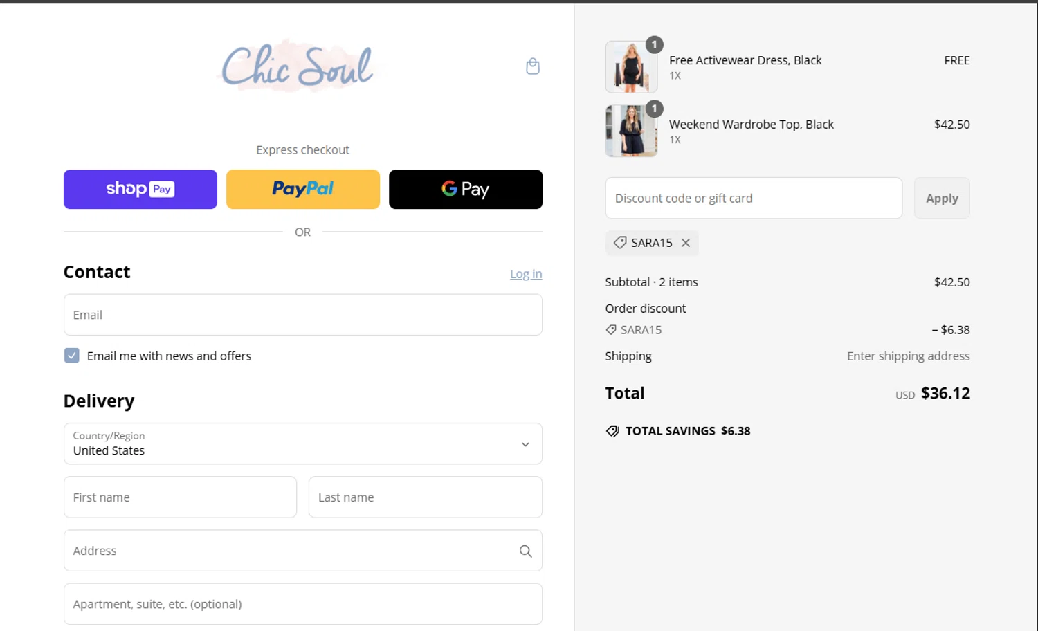 Chic Soul discount code screenshot showing code SARA15 applied at Chic Soul checkout page. Uploaded by SimplyCodes community member CashTracker4266 on Mar 12, 2025