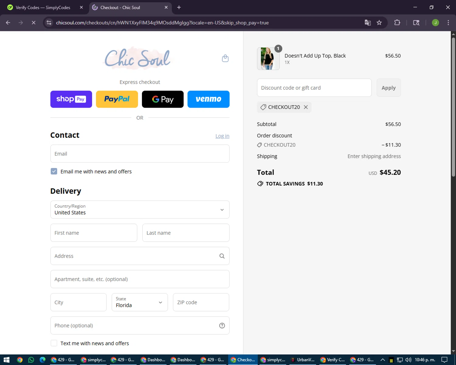 Chic Soul discount code screenshot showing code CHECKOUT20 applied at Chic Soul checkout page. Uploaded by SimplyCodes community member LilBaby on Aug 8, 2025